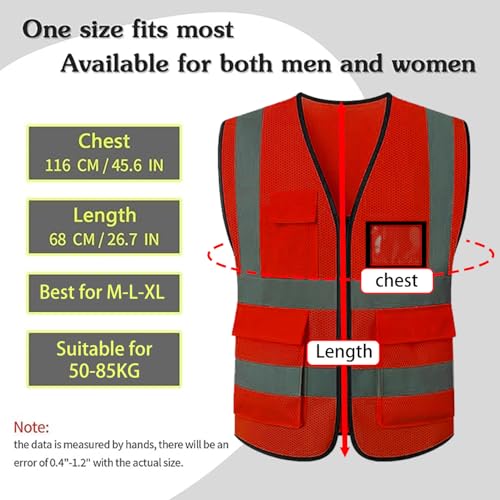 Reflective Mesh Safety Vest, Breathable Hi Vis Vest Construction Work with 5 Pockets and Zipper for Men Women - color: Red