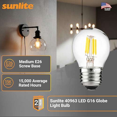 Sunlite LED G16 Filament Globe Light Bulb, 3 Watts (25W Equivalent), 250 Lumens, Dimmable, Medium E26 Base, Short Bulbs for Bedroom, Kitchen, 2700K Soft White, 6 Count - color: 2700k Soft White, size: 6 Count
