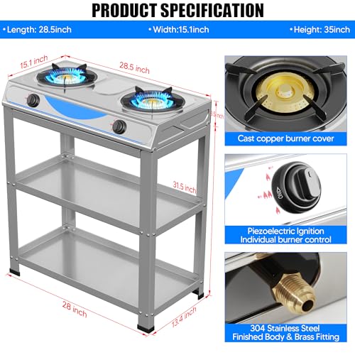 Propane Gas Stove,2 Burner Propane Burner, with Removable Leg,Auto Ignition Camping Stove,Portable Gas Stove for RV, Apartment, Outdoor - color: Silver