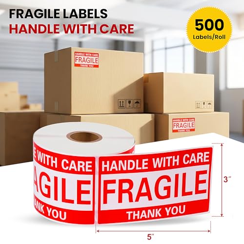 3 × 5 Inch Fragile Stickers Strong Adhesive Handle with Care Stickers Pre-Perforated Line Fragile Labels for Shipping Moving (500 PCS, 1 Roll) - size: 3" × 5", style: 1 Roll-500 PCS
