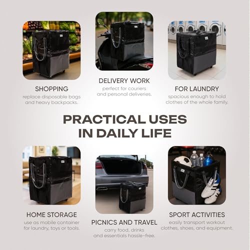 KELN Rolling Tote Bag on Wheels – 76 lb Foldable Shopping Cart – Black - color: Black