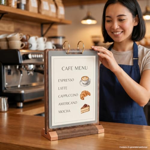Flip Wooden Sign Holder 4 x 6 with Clear 4-Page PVC Sleeves, Vertical Tabletop Menu Display Stand for Restaurant, Office, Retail Store, Trade Show - size: 4x6, 1 Pack