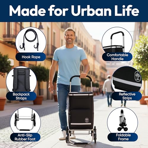 Foldable Stair Climbing Shopping Cart with Wheels – 3-in-1 Grocery Trolley, Backpack & Hand Truck – Lightweight Aluminum Frame, Waterproof Insulated Bag, Side Pockets – Cart for Groceries & Laundry