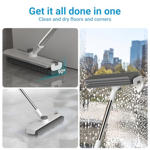 Pool Scrub Brush with 52" Pole, 3 in 1 Pool Cleaning Brush with Squeegee, Floor Scrub Brush with Long Handle, Deck Brush for Swimming Pool Tile Wall Patio Concrete White - color: White