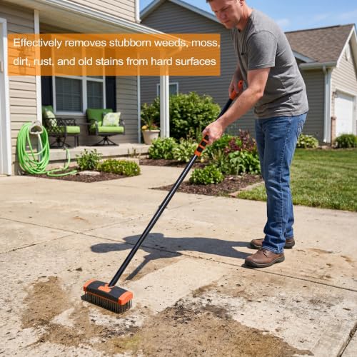 3 in 1 Scrub Brush with Long Handle – Your All-Purpose Deck Brush, Weeding Tool & Concrete Scrubber Tackle Patio Weeds, Floor Stains, Moss, and Rust with one Versatile Set. (Orange) - color: Yellow