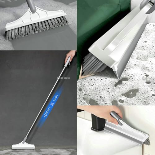 2 in 1 Floor Brush Scrubber with Long Handle Grout Brush 3 Poles 53.5'' New Upgrade Stiff Bristle Cleaning Scrub Brush with Squeegee 120°Rotating Tile Brush for Cleaning Bathroom Glass Patio Kitchen - color: White