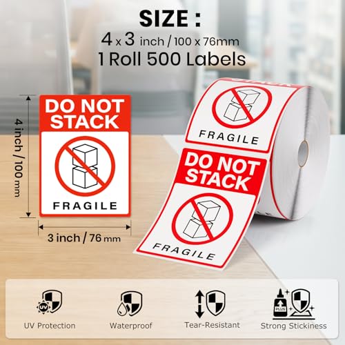 500 PCS Do Not Stack Labels 4 x 3 Inches Vinyl Fragile Stickers