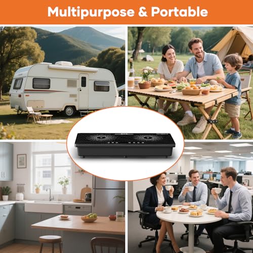 1800W Double Induction Cooktop with Dual 900W Burners, Minimalist Design, Touch Control, 8 Power Levels, Timer & Safety Lock for Kitchen RV Countertop Use