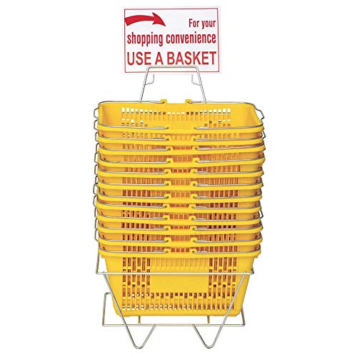 Only Hangers Plastic Shopping Baskets - Durable Yellow Plastic Set of Shopping Baskets with Stand and Sign - Set of 12 Plastic Baskets with Metal Handles