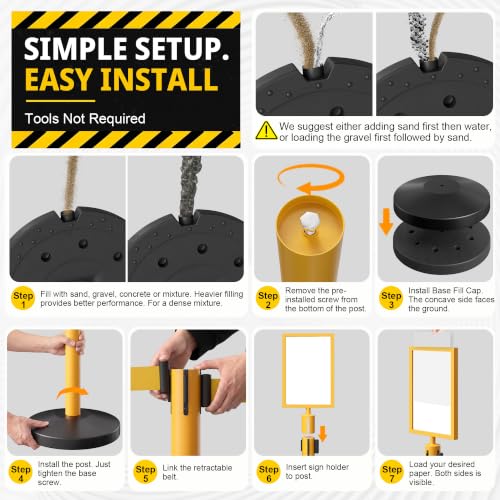 6-Pack Yellow Stainless Steel Crowd Control Stanchions, 9.8 ft Retractable Yellow Stripe Safety Belts with 1 Sign Holder(Yellow Belt) - color: Yellow stanchions w Yellow Belt, size: 6 pcs
