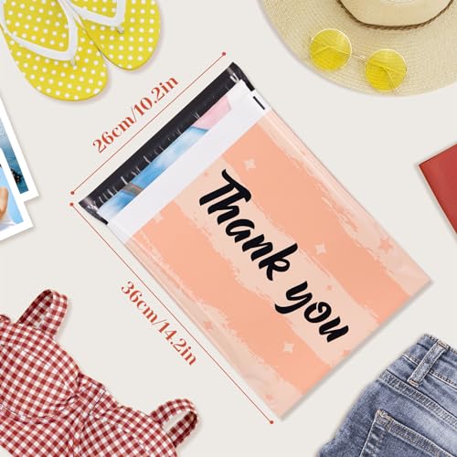 10x13 Inch Poly Mailers, Peach Pink Thank You, 100 Pack Self Sealing - color: Pink Thank You