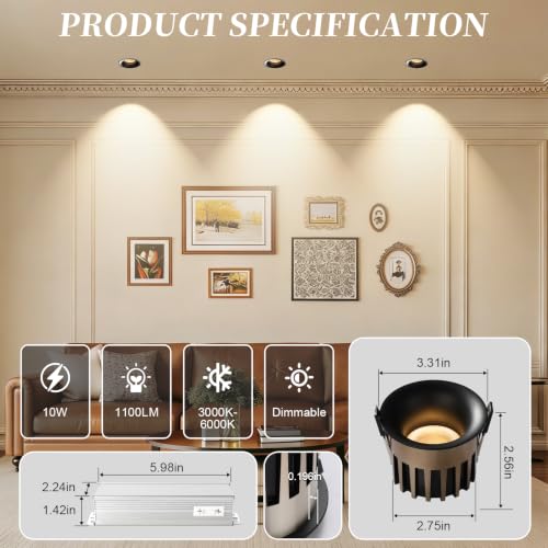 3 Inch LED Recessed Lights, Dimmable, 3CCT, CRI98, Trimless Ceiling Light - color: Black-Gold, size: 3 Inch-2 Pack