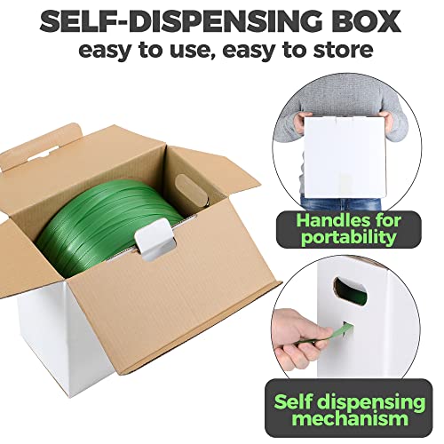 Heavy Duty Packaging Strapping Banding Roll - Green Polyester PET Industrial-Grade, 1000' x 5/8" x 0.035" Pallet Strap Coil - 1400 lbs Break Strength, Rust-Resistant with Self Dispensing Box Kit