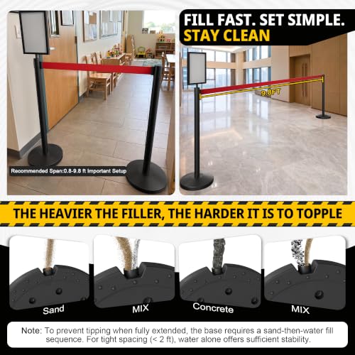 4-Pack Black Stainless Steel Crowd Control Stanchions, 9.8 ft Retractable Red Safety Belts with 1 Sign Holder(Red Belt) - color: Black stanchions w Red Belt, size: 4 pcs