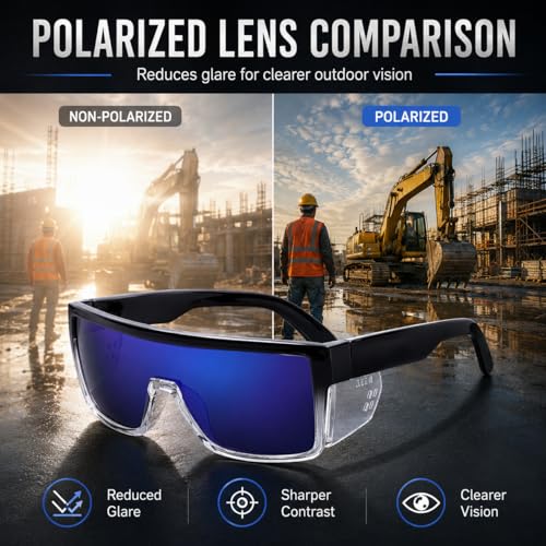Polarized Safety Sunglasses, UV400 Protection, ANSI Z87.1 Wraparound Protective Eyewear - color: Clear Blue Mirror