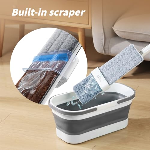Oshang Flat Mop and Collapsible Bucket OG7 with Wheels, 2 Washable Reusable Microfiber Pads, Pure White - color: Pure White