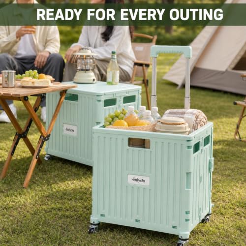 Folding Utility Cart Portable Rolling Crate Handcart Shopping Trolley Collapsible Tool Box, with Lid, Basket on 4 Rotating Wheels, for Grocery, Garden, Office, Storage, Teacher, Tool (Green) - color: Green