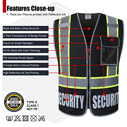 2 Pack Retro-Reflection Security Safety Vests Heavy Duty Black Mesh with 5 Pockets and Front Zipper (2/Black-22,M) - color: Black-2, size: Medium