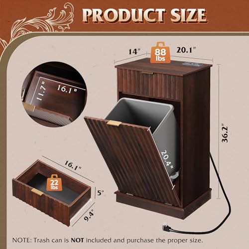 WLIVE 10 Gallon Tilt Out Trash Can Cabinet, Hidden Trash Can Cabinet with 2 AC+ USB Outlets, Storage Drawer, Food/Clothes Storage Pet Proof Kitchen Trash bin Cabinet for Home, Launday, Brown - color: Brown, size: Single Cabinet with Outlets
