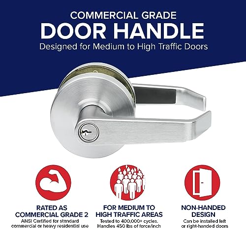Lawrence Commercial Lever Door Lock - Heavy Duty Locking Commercial Door Handle Keyed Entry, Grade 2 Door Handle with Lock and Key - Brushed Chrome, Entrance/Keylock Function Embassy Series - color: Brushed Chrome (US26D), size: Keylock/Entrance