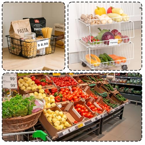 80 Pcs Clear Plastic Bin Labels Clips with 100 Pcs Label Papers Included, Basket Bin Labels Clip On, Wire Shelf Price Tags, Merchandise Sign Display Holder (2.75 × 1.65 Inch)