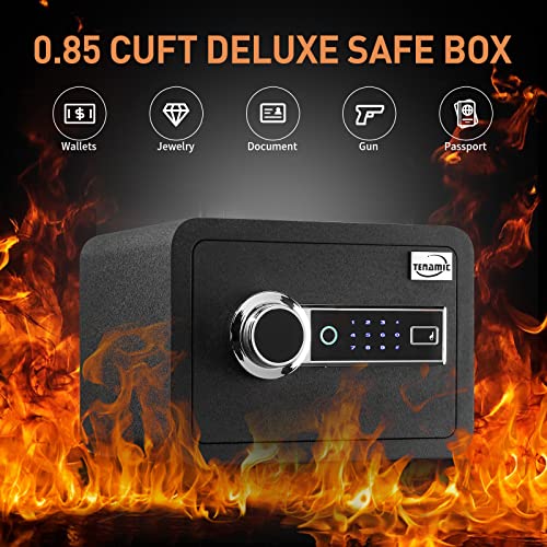Tenamic Biometric Fingerprint Safe Box 0.85 Cubic Feet Fireproof Waterproof Safe Box with Induction Light and Leather, Solid Alloy Steel Office Hotel Home Cabinet Safe, Black - size: 0.85 cuft Biometric