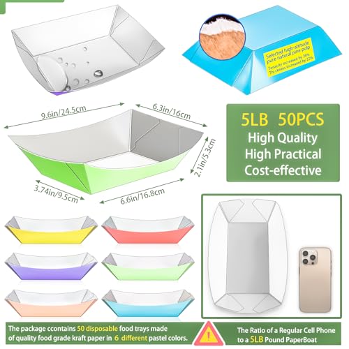 50 Pack Extra Large 5Lb Paper Food Boat Trays Disposable Paper Boat Containers, Colorful Kraft Food Serving Tray Boats Plates for Snack Popcorn Sandwich Burger Hot Dog BBQ Taco Fries Nacho - style: 5LB-50Pack
