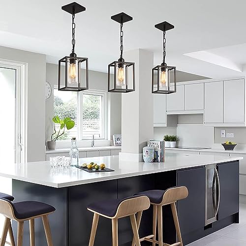 3 Pack Farmhouse Pendant Light,Black Metal Frame Hanging Light Fixture with Clear Glass Shade, Adjustable Chains Industrial Mini Pendant Lighting for Kitchen Island Entryway Porch Foyer - color: 3 Pendant light