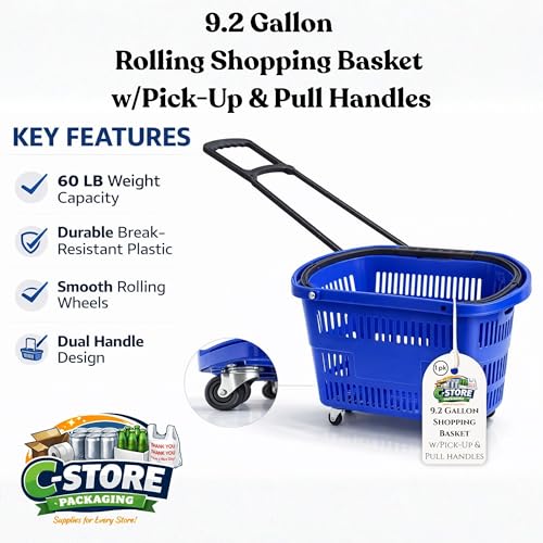 Rolling Shopping Basket with Wheels, Blue, 4-Pack