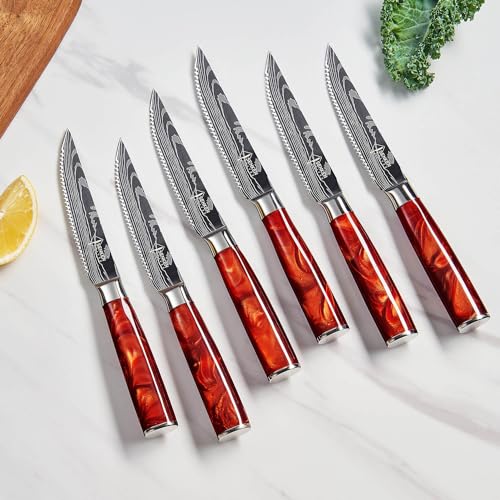 SENKEN Professional 6-Piece Steak Knife Set with Engraved Damascus Pattern, Razor Sharp Blade, High Carbon Steel with Gift Box (Red) - color: Crimson Red
