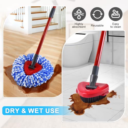 Mop Handle Mop Replace Heads and Mop Base Brush Replacement for O Cedar RinseClean 2-Tank System Include 3 Spin Mop Replacement Head, 4-Section Mop Handles, 1 Base and 1 Scrub Brush Combo - color: 3 Blue Mop Heads + 1 Set Mop Handle ( 2 Tank )