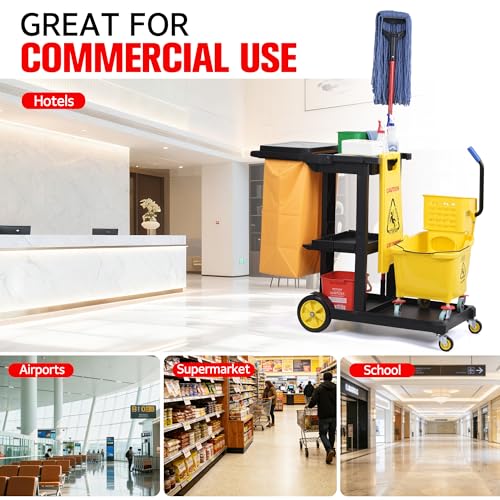 Matthew Commercial Traditional Cleaning Janitorial 3-Shelf Cart,500 Lbs Heavy Duty Capacity Housekeeping Cart,51"L x 21"W x 39"H,Wheeled with 25 Gallon Zippered Yellow Vinyl Bag and Cover w lid,Black