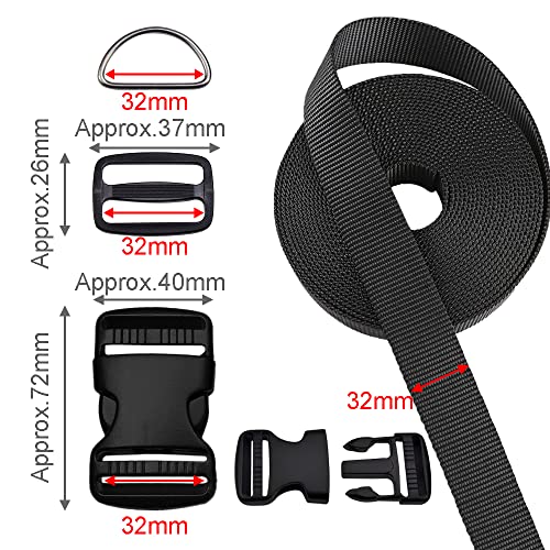 CooBigo 1.25 Inch Buckles Straps Set 6 Yards 1.25 Inch Black Nylon Webbing Strap 6 Pcs Quick Side Release Plastic Buckle Dual Adjustable 12pcs Tri-glide Slide Clip 12 Pcs Metal D Rings - color: 1-1/4"sets