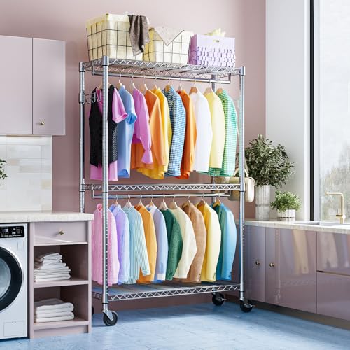 IZEUK Heavy Duty Rolling Garment Rack Wire Clothes Rack for Hanging Clothes (Chrome, 3 Tier with 2 Rod, 15.7" D x 45.3" W x 79.6" H) - color: Chrome, size: 3 Tier with 2 Rods, 15.7"D x 45.3"W x 79.6"H