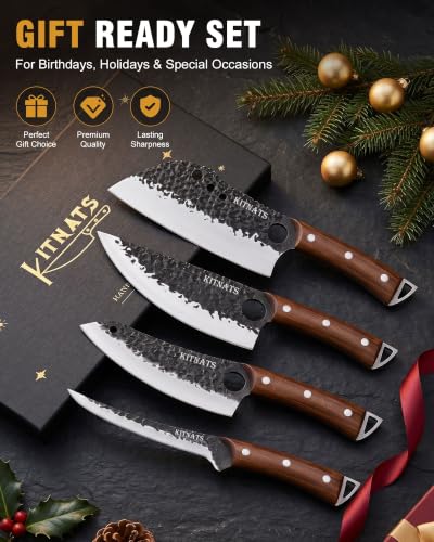 KITNATS 4PCS Butcher Knife Set, Hand Forged Full Tang BBQ Knives - color: Brown-4PC Butcher Knife Set