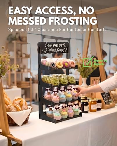 HOTCAN Cookie Display Stand for Bakers & Vendors with Acrylic Front | Wooden Dessert Stand with Chalkboard Sign for Market Booths, Craft Fairs & Events | 4 Tiered Cookie Display for Cupcakes, Muffins & Pastries (Black) - color: Black, size: 4 Tier