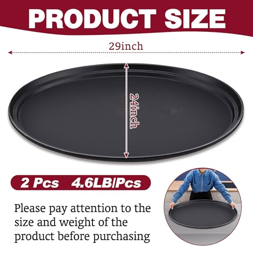 2 Pcs Large Restaurant Serving Trays 24" x 29" Oval Plastic Food Serving Tray Non Slip Rubber Lined Black Serving Tray for Cafeteria (2)