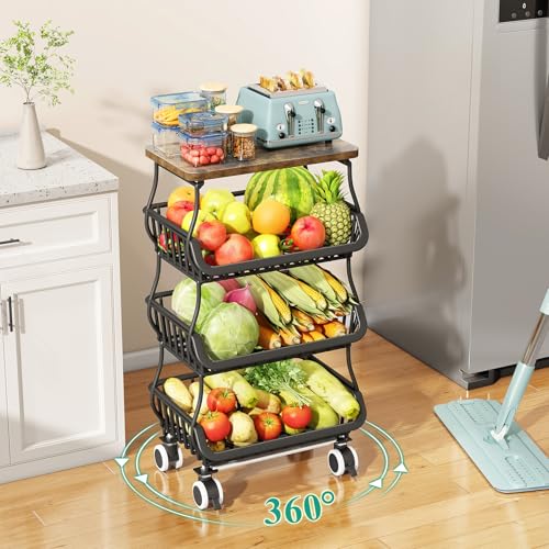 SAYZH 4-Tier Fruit and Vegetable Basket Stand for Kitchen, Wood Top, Black - color: Black, size: 4 Tiers