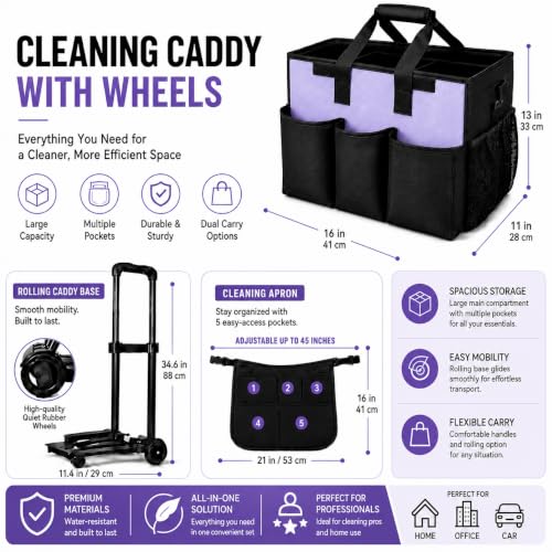 Cleaning Caddy with Wheels and Cleaning Apron, Built-in Hard Support Board - color: Purple