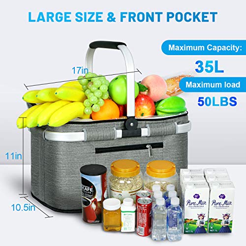 LIQING 35L Large Picnic Basket 2 Layers of Internal Pockets Leak-Proof and Insulated ,Folding with Internal Support for enhansed Stability, Wedding Gifts for Couple(Grey) - color: Gray
