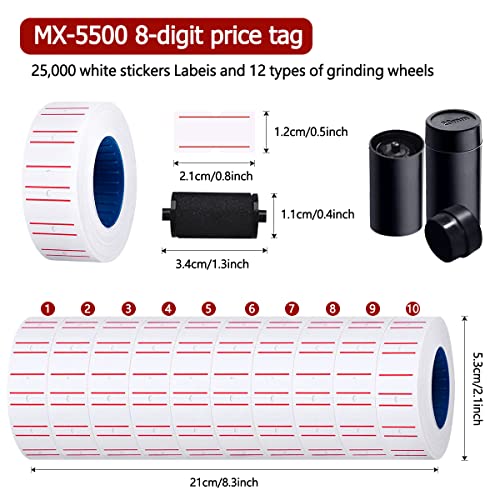 MX-5500 8 Digits Price tag Gun with 5000 Sticker Labels and 3 Ink Refill, Label Maker Pricing Gun Kit Numerical Tag Gun for Office, Retail Shop, Grocery Store (50 Rolls + 12 Refill Ink) - color: 50 Rolls + 12 Refill Ink