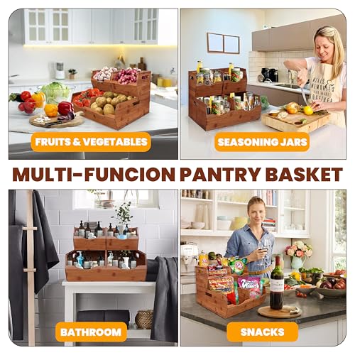 2-tier Stackable Bamboo Pantry Storage Bins, Potato & Onion Storage Baskets