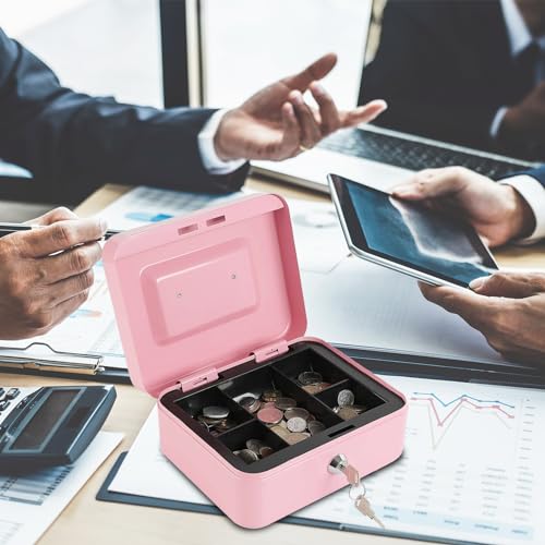 xydled Large Cash Box with Lock, Metal Money Box, Steel Money Box, Pink - color: Pink, size: Large