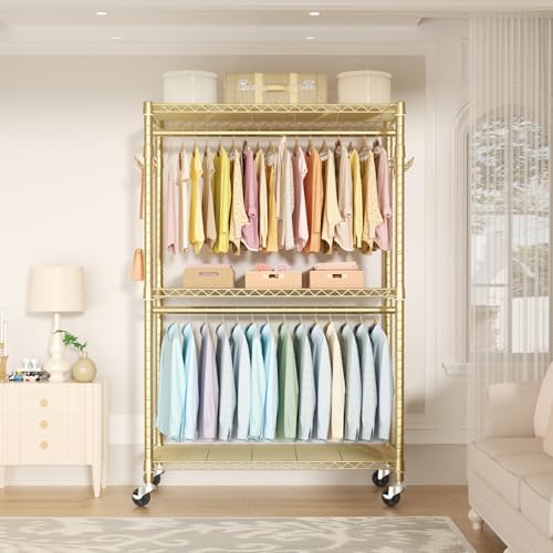 FUTASSI P1 Plus Rolling Clothes Rack, 22mm Diameter Heavy Duty Garment Rack - color: Gold, size: P1 Plus