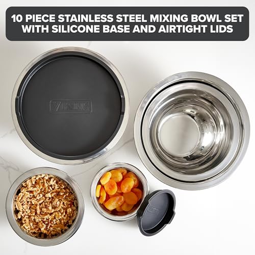 Viking Mixing Bowls Set, 10 Piece Stainless Steel Kitchen Cookware, Non-Slip Silicone Base, Includes Tight Fit Lids, Dishwasher Safe, Black - color: Black