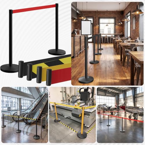 8-Pack Black Stainless Steel Crowd Control Stanchions, 9.8 ft Retractable Red Safety Belts with 2 Sign Holders(Red Belt) - color: Black stanchions w Red Belt, size: 8 pcs