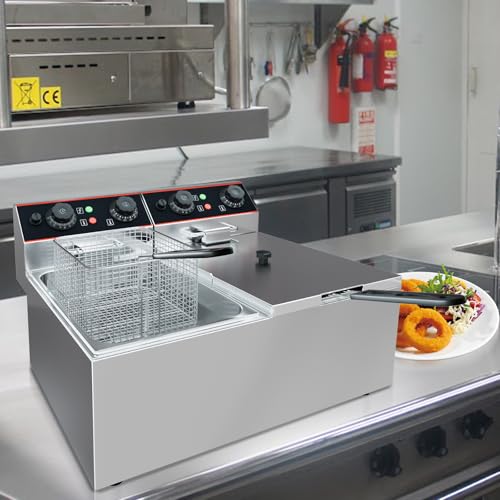 23 QT Commercial Deep Fryer with Double Baskets and Lid, Electric Stainless Steel Countertop Commercial Oil Fryer, Adjustable Temperature Control, for Kitchen and Restaurant