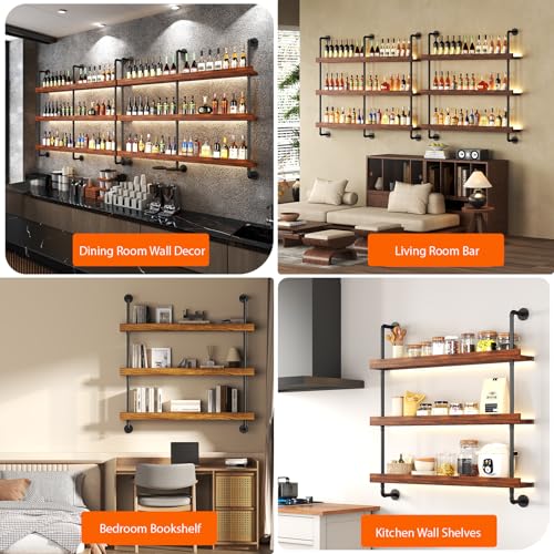 Large Wine Rack Wall Mounted with LED Light, Solid Wood Bar Shelves Wall Mounted, 3-Tiers Liquor Bottles Floating Shelves Display Storage Organizer for Home Bar, Dining Room(31.4 inch) - size: 31.4 inch