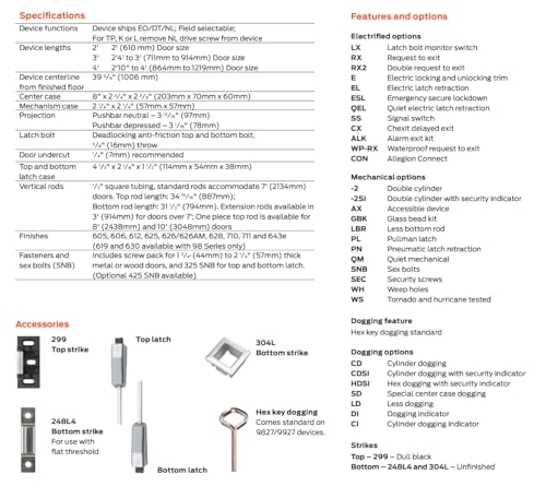 Schlage Von Duprin 98 Series 9827EO Surface Mounted Vertical Rod Exit Device (ED98.10900)