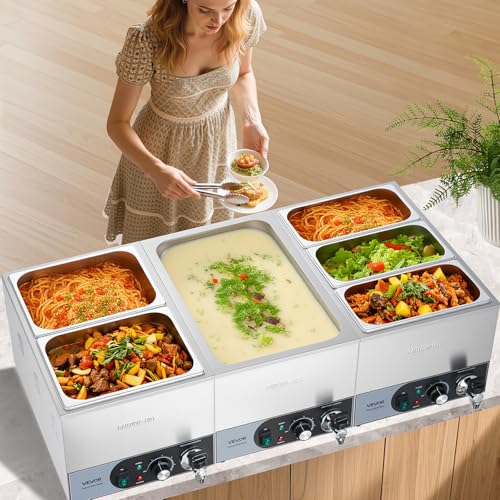 VEVOR Commercial Food Warmer, 1200W Electric Stainless Steel Steam Food Warmer, Fast Heating Countertop Buffet Bain Marie with Detachable Power Cord, for Catering, Restaurants, Parties & Buffets - size: 3*1/3Pan;20CM Depth